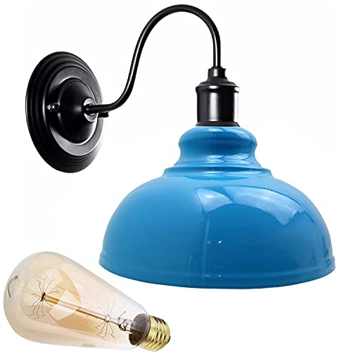 LEDSone Industrielle Metall-Lampenschirm-Wandleuchte mit kurviger Form, Vintage-Wandleuchte, LED für Badezimmer, Schlafzimmer, Wohnzimmer, Restaurant und Café (blau)