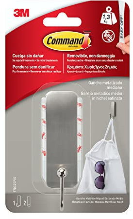 Command 3M 17034, Gancho mediano color níquel pulido, 1 gancho, 2 tiras