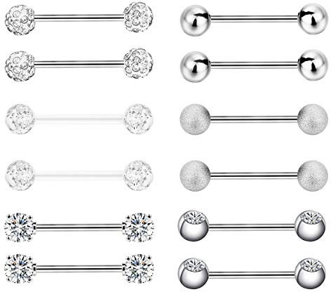 Cupimatch 6 Paar Zungenpiercing Nippel Barbells Brustwarzenpiercing Edelstahl Barbell Körper Piercing Schmuck Ringe Zirkonia Nipplerings 14 Gauge rosegold silber