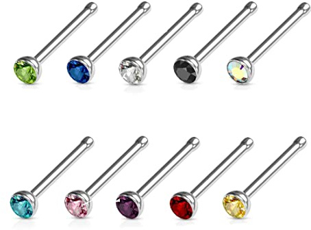 JEWEL BARREL Nasenstecker aus Chirurgenstahl Dünn 18G (0.8mm) mit Kleinen 2mm Kristall Nasenpiercing Nase Stecker