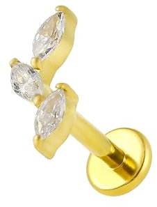 Body CAC 16G(1.2mm) Triple Marquise Trio CZ Implant Grade Titanium Flat Back Gold Labret,Internally Threaded Helix Piercing Jewellery Earring Stud