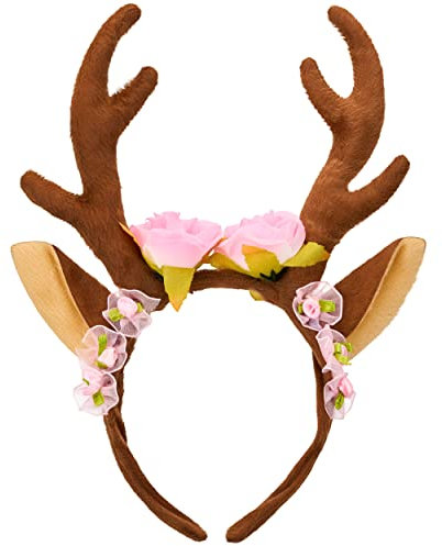 Balinco serre-tête renne avec oreilles, bois & fleurs, fleurs, petites fleurs, chevreuil, bois de cerf, cornes d'animaux, déguisement femme, Halloween, carnaval, Noël, accessoires photobox