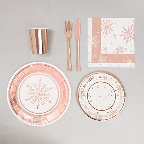 Kit Vajilla de cartón con decoración de Navidad en color oro rosa para 12 personas – Pack COPO DE NIEVE ORO ROSA para 12 personas (Copo de Nieve Oro Rosa)