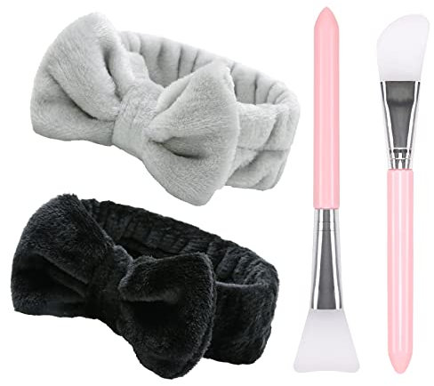AKTVSHOW 2 Stück Spa Haarband Kosmetik mit Schleife und 2 Silikonpinsel, Skincare Bowknot Makeup Stirnband für Damen Mädchen Stirnbänder zum Gesichtsreinigung Waschen Duschen Schminken Hautpflege Yoga