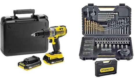 Stanley FATMAX Perceuse à Percussion 18V Lithium Ion Mandrin Une Main Vitesse Variable Faisceau LED & Lot de 100 forets hex et accessoires, sur Métal, en Plastique