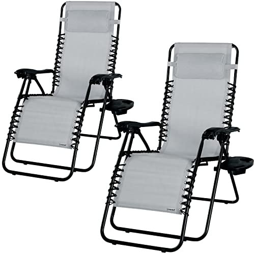 Casaria 2X Liegestuhl verstellbar mit Kopfkissen Ablage 120kg belastbar Wetterfest Garten Stuhl Balkon Hochlehner Hochlehner Liege Relaxliege Grau