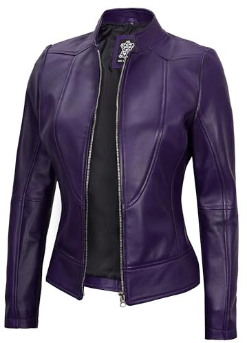 Blingsoul Lederjacke Frauen - Cafe Racer Rosa Und Lila Echtes Lammfell Damen Lederjacke, Amy - Lila Jacke, S
