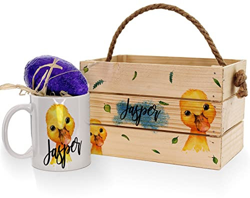 Personalised Easter Basket and Mug and Milk Chocolate Easter Egg Gift Set, Wooden Easter Egg Hunt Box Hamper, Carry Crate with Rope Handle, Yellow Duck Leaf Design, Duck Crate