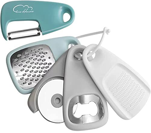 FNKDOR # Kitchen Unique Gadgets Set 5-teiliges platzsparendes Käsereibe-Obst-Gemüseschäler-Pizzaschneider-Knoblauchmühle-Geschenkset (Light Blue, One Size)