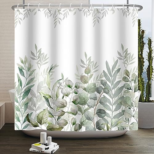 Ttincceer Tenda di Doccia Foglie di Eucalipto 180x180cm - Salvia Verde, Pianta Estate Botanica Acquerello per Bagno - Impermeabile