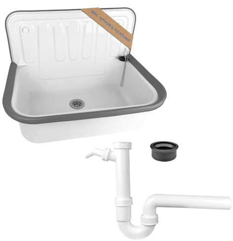 kör4u Komplettset Ausgussbecken weiß 50cm, aus robustem Stahl, inkl. Abflussstopfen, Kunststoff Siphon weiß 1 1/2 Zoll x 40mm, Gumminippel DN 40/50