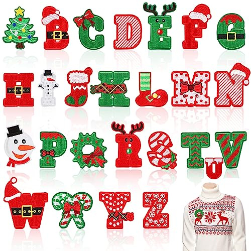 26Pcs Embroidered Letters, Embroidered Iron on Letters Patch, A-Z Alphabet Letter Patches Santa Claus Snowman Embroidered Patches for Jeans, Jackets,T-Shirt, Hats, Backpacks, DIY, Craft Sew Making
