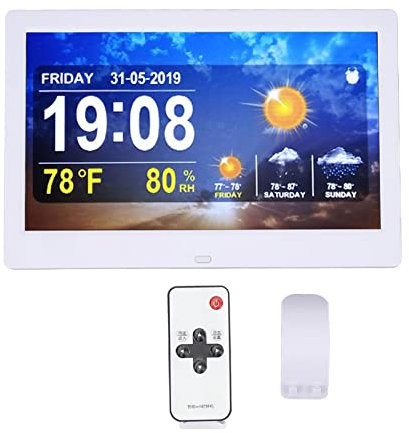 10 Inch Digital Weather Station, Wireless Weather Station Indoor Outdoor, Digital Alarm Clock Temperature Humidity Monitor with Remote Control (UK Plug)