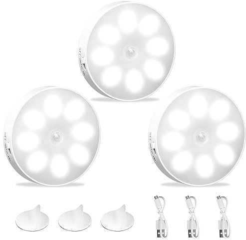 KEWUZY Luce Armadio con Sensore di Movimento, 3 Pezzi Luce Notturna LED Interna Ricaricabile USB, Sensore di Movimento per Luci, 8 LED 3 Modalità (Auto/On/Off) per Armadietto, Scale, Corridoi, Camera