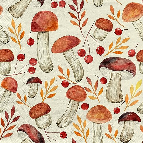 20 Servietten aus Recycling-Papier Herbst Pilze und Blätter im Hebrst als Tischdeko. Papierservietten mit Motiv. Auch für Decoupage und Serviettentechnik 33x33cm