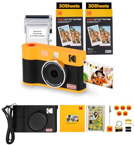 KODAK Mini Shot 2 Era 4PASS 2-in-1 Appareil Photo Instantané et Imprimante Photo Portable (5,3x8,6cm) Lot Accessoire avec 68 Feuilles (8 Feuilles initiales + Paquet de 60 Feuilles), Jaune
