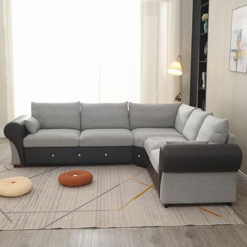 Panana 6 Seater Corner Sofa, Large L shape Couch, Universal Corner in Linen and Artificial Leather, Light Grey