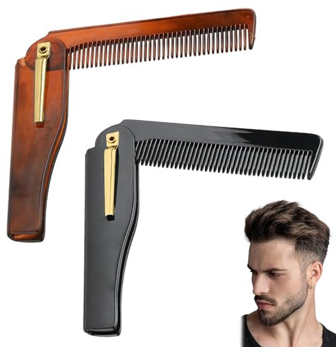 2 Pcs Peine Hombre Plegable Cepillo Pelo, Peine de Barba Premium para Hombres Mini Hair Brush con Decoración de Chapa Metálica Antiestático Pequeño Bolsillo Moustache Peine Pelo y Barba Portátil (A)