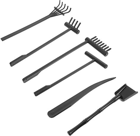 WESIEVYA 6 Pièces Ensemble Râteau à Sable Zen Mini-Jardin Zen Petit Râteau à Sable Jardin Zen pour Bureau Cendrier avec Couvercle Journaux Kit De Bonsaï Stylo Étagère Jouet Black Plastique
