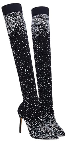 Nero,42 EU, Stivali Alti Fino alla Coscia per Le Donne Stivali Elasticizzati sopra Il Ginocchio Strass Glitterati Punta Aguzza Tacchi A Spillo Diamanti Stivali Lunghi Stivali