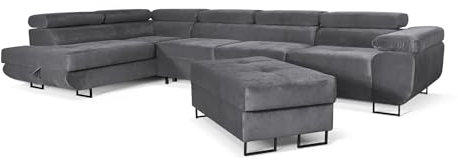 Aller Lang XL Modernes Design Ecksofa mit Schlaffunktion, Bettkasten in Ottomane, Hocker mit Stauraum – Tierfreundlicher Waterproof-Welvet, inkl. 2 runde Kissen, Ottomane Links. (Grau)