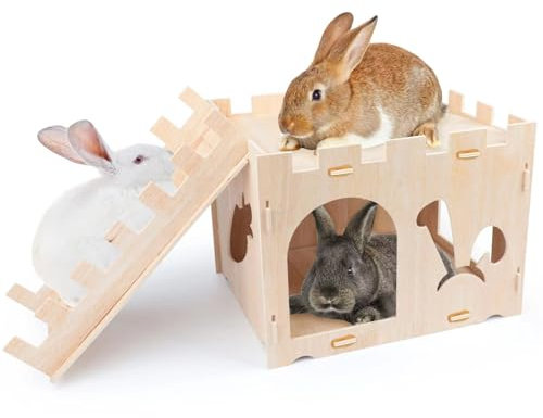 Casetta Per Conigli Grande, 42x35x34cm Castello Per Conigli In Legno Naturale Castello Per Conigli Rimovibile Casetta Per Piccoli Animali Casa Per Criceti Per Conigli Porcellini D'India