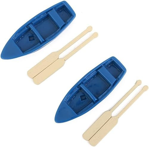 Rosojodg 2 Set Miniature Blue Wooden Boat Fairy Garden Accessories,DIY Crafts,Mini Blue Canoe with Oars for Fairy Garden Supplies,Cake Topper,Fish Tank,Home Party Decoration,Moss Landscape,Miniatures