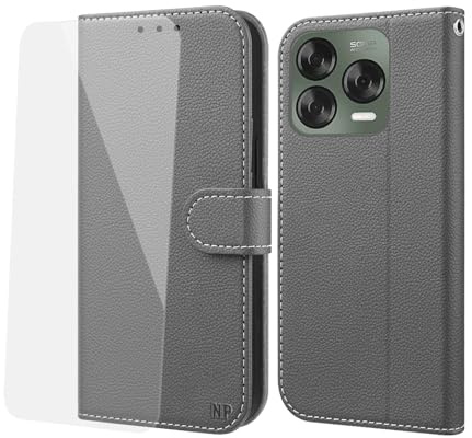 NP-Caser Handyhülle für ZTE Blade V70 Vita Hülle [mit Panzer Schutz Glas], Premium Lederhülle mit Kartenfächern [Klappbar Flip case] [Standfunktion] Handy Schutzhülle für ZTE Blade V70 Vita, Grau