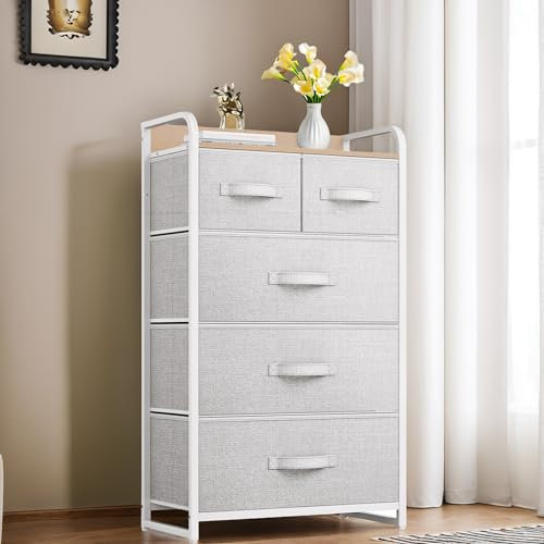 YITAHOME Commode, 5 Tiroirs en Tissu Commode Chambre Meuble de Rangement,Tour en Tissu,Cadre Acier Robuste,pour Chambre à Coucher, Salon,Gris Clair