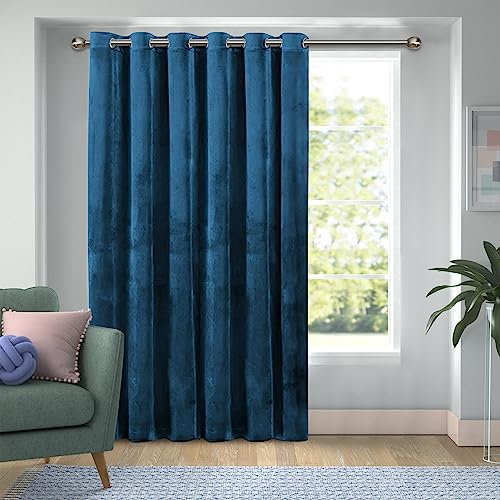 Yorkshire Bedding Blackout Eyelet Velvet Curtains for Bedroom Navy Curtain 66x84 Inch Super Soft Thermal Insulated Curtains for Living Room Single Panel Curtain with Tie Back