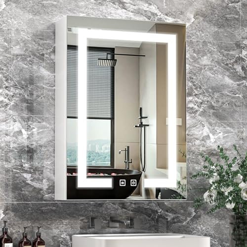 LNZHAO Bathroom Mirror Cabinets with Lights: Wall Mounted Bathroom Cabinets with Mirror - LED Mirror Cabinet with Anti Fog Memory Function - Adjustable Shelves, 3 Colors Dimmable Touch Sensor