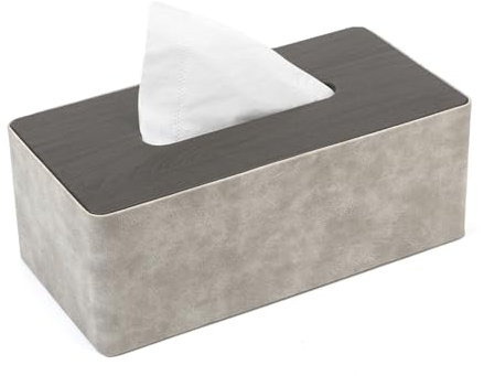 LARENNT PU-Leder Taschentuchbox, 24×12×9cm quadratische Kosmetiktücher Box, Taschentücher Box Spender TissueBox Tücherbox für Zuhause, Bad, Wohnzimmer, Schlafzimmer, Auto, Büro (Grau & Holzmaserung)