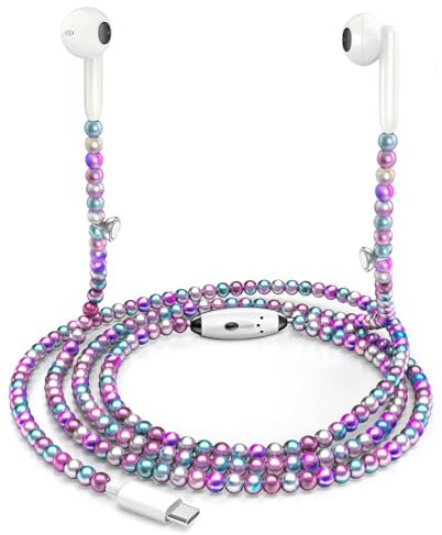 Vunake USB C Headphones for iPhone 16 Beaded Wired Type C In Ear Headphones HiFi Stereo Earphones with Magnetic Buckle Microphone and Volume Control for Phone 16/15 Samsung Galaxy S25/S24 iPad Purple