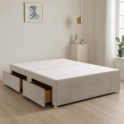 BED TIME UK - Plush Fabric Divan Bed Base with 2 Built-In Storage Drawers | Stylish Upholstered Bed Base for Smart Living (Cream, 4FT6 Double Bed)