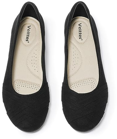 Veittes Women's Wide Width Flats Shoes - Fashionable Casual Round Toe Slip-on Comfortable Ballet Shoes.(2109002-2310,BK/MF,UK6.5 Wide)