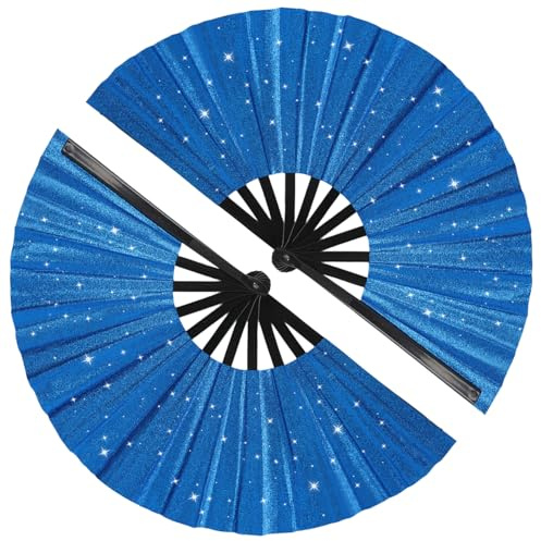 Tkocisa 2 Pack Glitter Large Folding Hand Fans for Line Dancing, Popping Fan Large Rave Hand Fan for Boots On The Ground Dance, Concert, Party, Festival, Home Decorations(Royal Blue)