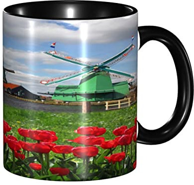 asbwuo Grande tasse à thé, mug personnalisé avec moulin à vent, moulins à vent hollandais traditionnels avec tulipes rouges, 325 ml, cadeaux personnalisés, multicolore