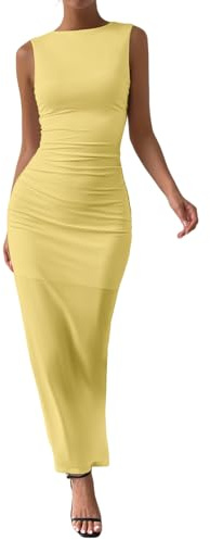 Zesoyne Womens Maxi Dress Sexy Sleeveless Bodycon Round Neck Elegant Long Dresses for Party Wedding Cocktail XL Yellow