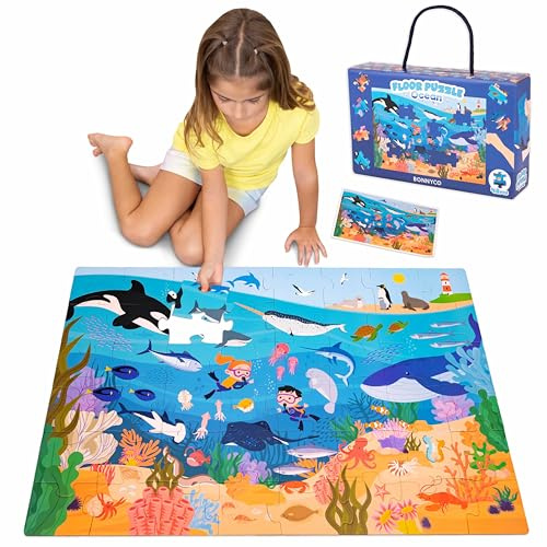 BONNYCO XXL Puzzle Kinder Meerestiere mit 48 Große Teile. Bodenpuzzle XXL 92 x 62 cm als Geschenke für Kinder. Puzzel Lernspielzeug für Jungs und Mädchen 2-8 Jahre