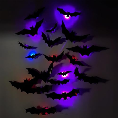 12 Pièces 3D Chauve Souris Halloween - 3D Bat Design LED Decoration, LED Halloween 3DBat Decorative Wall Stickers, Lighted Spider Stickers Decor Pour Mur, Porte, Fête Déco