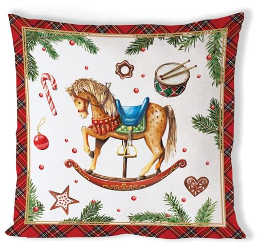 Ambiente Kissenbezug Kissenhülle Zier Deko Kissen 40 x 40 cm * 100% Baumwolle * Schaukelpferd Weihnachten Advent weiß bunt