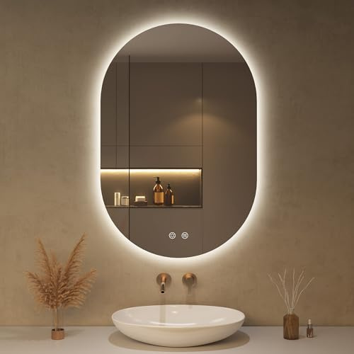 OUMUSU 50x75cm LED Badspiegel mit Beleuchtung Oval | Badezimmerspiegel mit Beleuchtung,Beschlagfrei,Touch-Schalter, Dimmbar,3 Lichtfarbe Einstellbare, Bruchsicher
