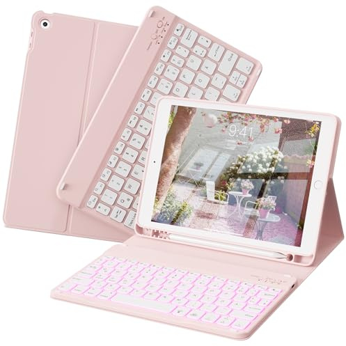 zoyu Tastatur Hülle für iPad 9. / 8. / 7. Generation 10,2 Zoll, Rosa | Magnetisch Bluetooth-Tastatur, 7 Farben RGB Beleuchtete, Weiche TPU Rückseite Schutzhülle für iPad 9/8/7, QWERTZ Layout
