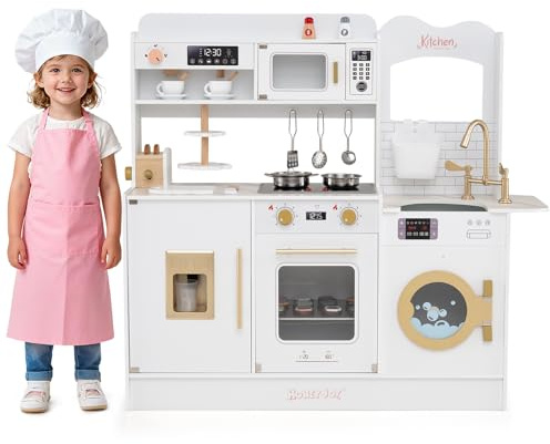 COSTWAY Cuisine Enfant en Bois avec Lumière & Effet Sonore, Jeu de Cuisine avec 25 Accessoires & Micro-Ondes, Machine à Café & Machine de Glaçons, Jeu d'Imitation pour Enfants de 3 Ans+ (Blanc)