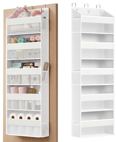 SONGMICS Over-the-Door Organiser, 5-Compartment Foldable Hanging Shelf | Door Hanging Storage Organiser, Metal Hooks, Transparent, Side Pockets, Cloud White, TINA Collection RDH010WH01