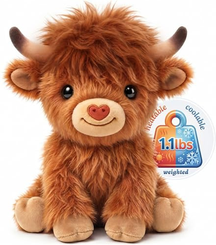 Mewaii Peluche Lestée Vache Highland, Micro-ondable, 0,45kg | 50 Min Chaleur Durable, Confort pendant les Règles, Housse Lavable, Réfrigérable, Coussin Chauffant pour Filles et Femmes