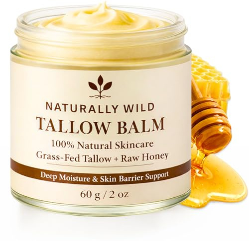 Naturally Wild Tallow Balm Cream 60g - Grass-Fed Beef Tallow and Honey Balm, Whipped Tallow Cream for Face and Body Skin, Organic Natural Skincare Moisturiser for Dry Sensitive Skin With Raw Honey