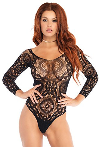 Leg Avenue - langärmliges Häkelspitze Teddy mit Druckknöpfe im Schritt., Größe M/L, schwarz