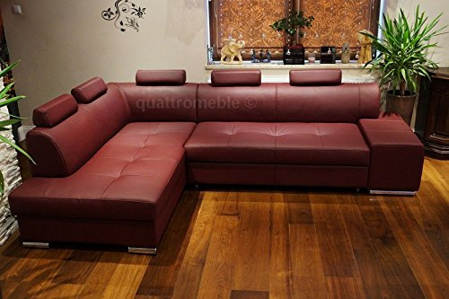 Quattro Meble Weinrot Echtleder Ecksofa London PIK 5z 275 x 185 Sofa Couch mit Bettfunktion und Bettkasten Echt Leder Eck Couch große Farbauswahl