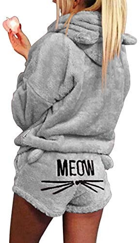 2pcs Women Cat Pajamas Cute Girls Sleepwear Soft Bathrobe Shorts Winter Lounge Sleepwear Sets (Color : Gray, Size : M)